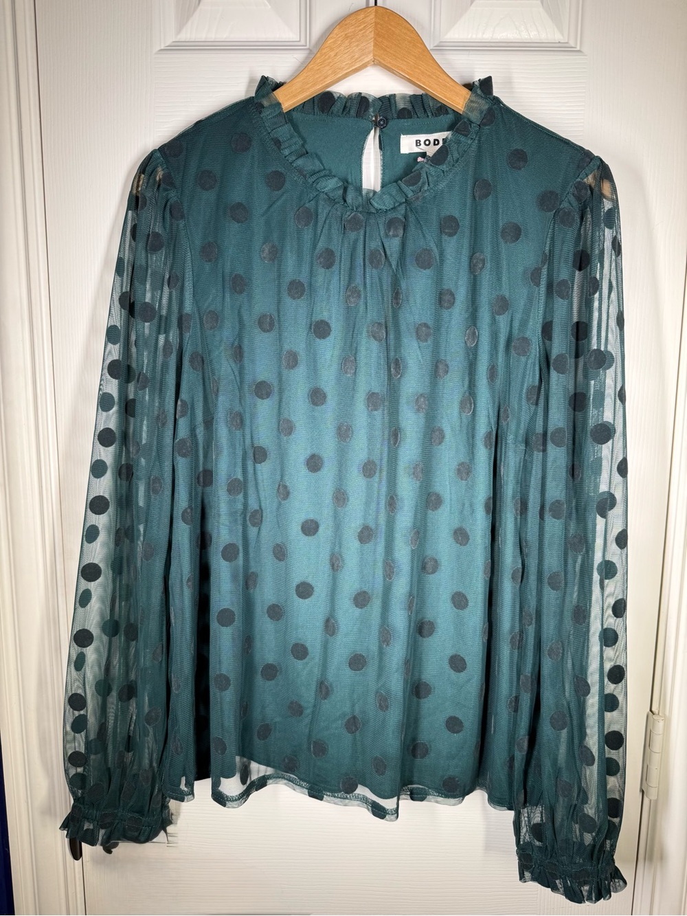 NWOT Boden Teal Sheer Polka Dot Ruffle-Neck Blouse